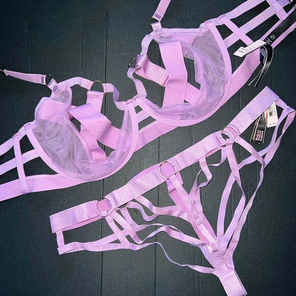 Victoria's Secret unlined 36DD BRA SET XL PANTY strappy banded mesh LILAC PURPLE - Picture 7 of 8